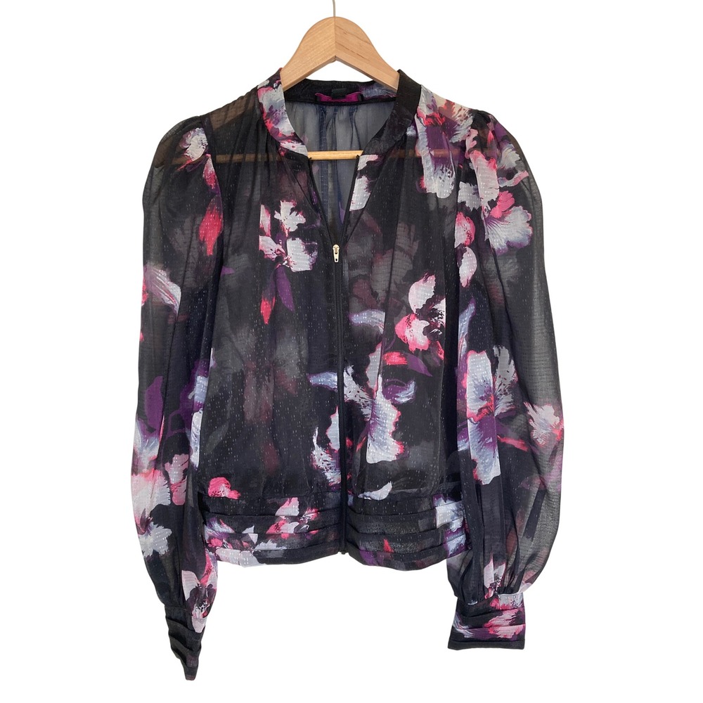C Wonder by Christian Siriano Sheer Floral Zip Up Bomber Jacket Black Pink M
